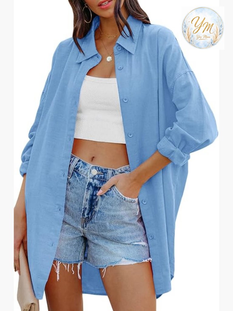Womens Oversized Button Down Shirt Long Sleeve Cotton Blouse With Pockets